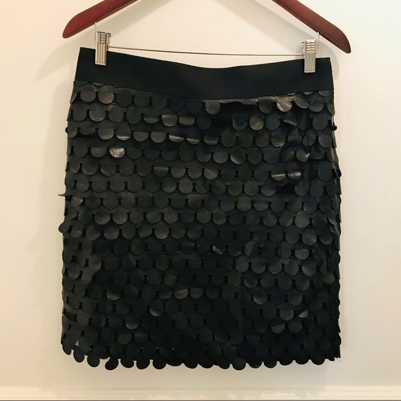 Milly Leather Skirt 10 Black fringe tabs circles mini pencil party cocktail - Picture 1 of 11